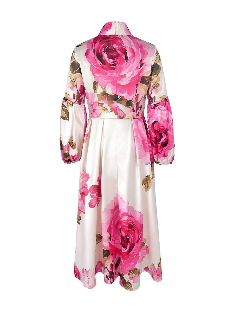 Olivia Bennet | A-Line Long Sleeves Elasticity Flower Print Pleated Mock Neck Maxi Dresses