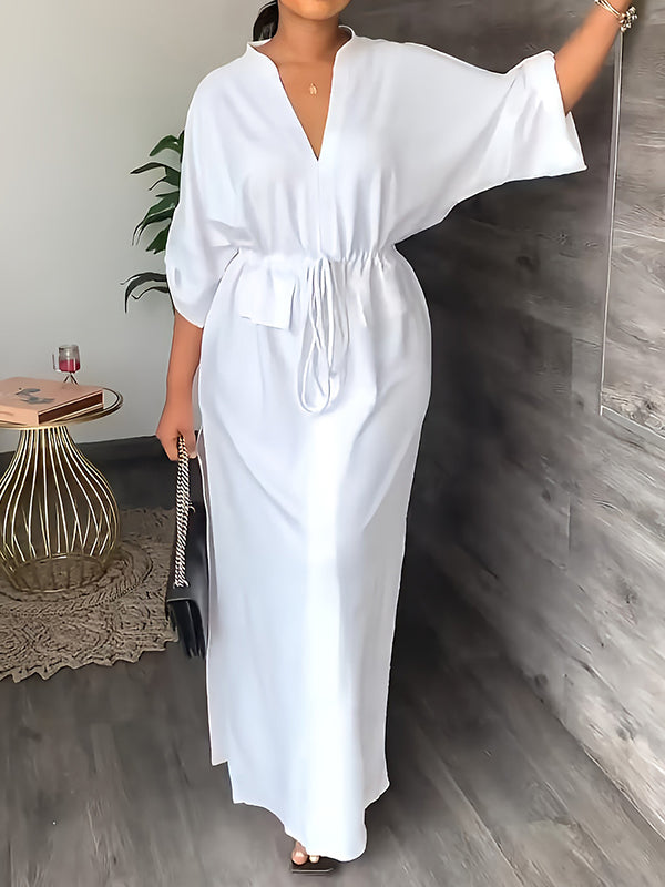 Olivia Bennet | Loose Drawstring Solid Color Split-Side V-Neck Maxi Dresses