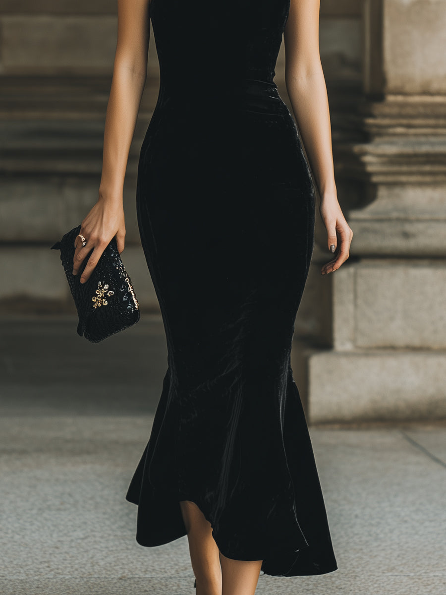 Olivia Bennet | Black Halter-Neck Mermaid Cocktail Dress