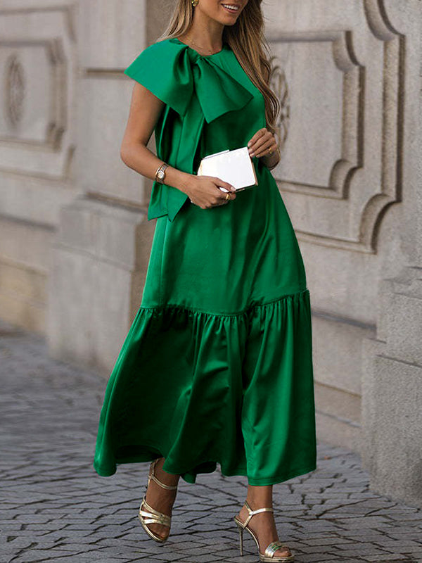 Olivia Bennet | Sleeveless Bowknot Pleated Split-Joint Round-Neck Maxi Dresses
