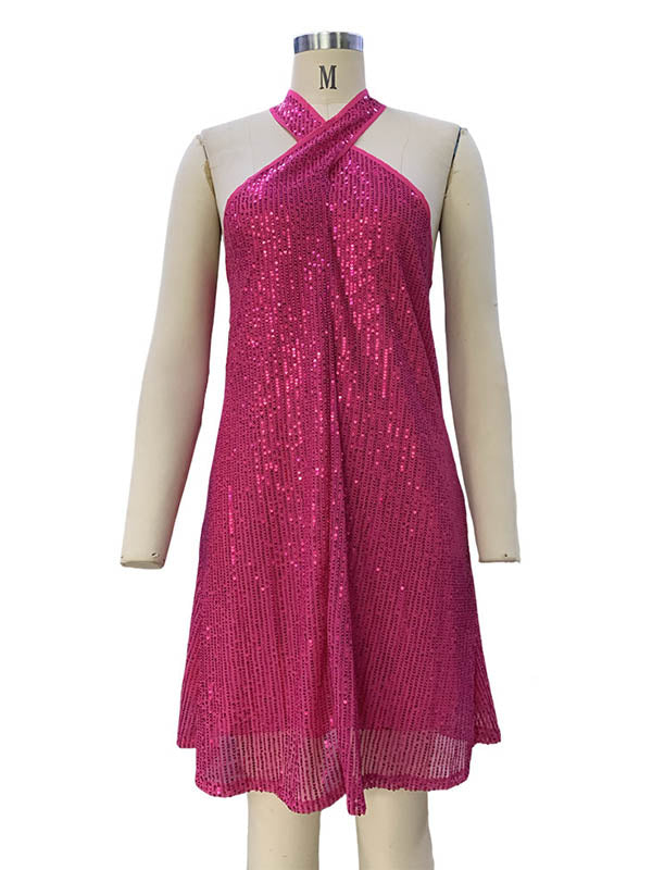 Olivia Bennet | A-Line Loose Hollow Sequined Solid Color Halter-Neck Mini Dresses
