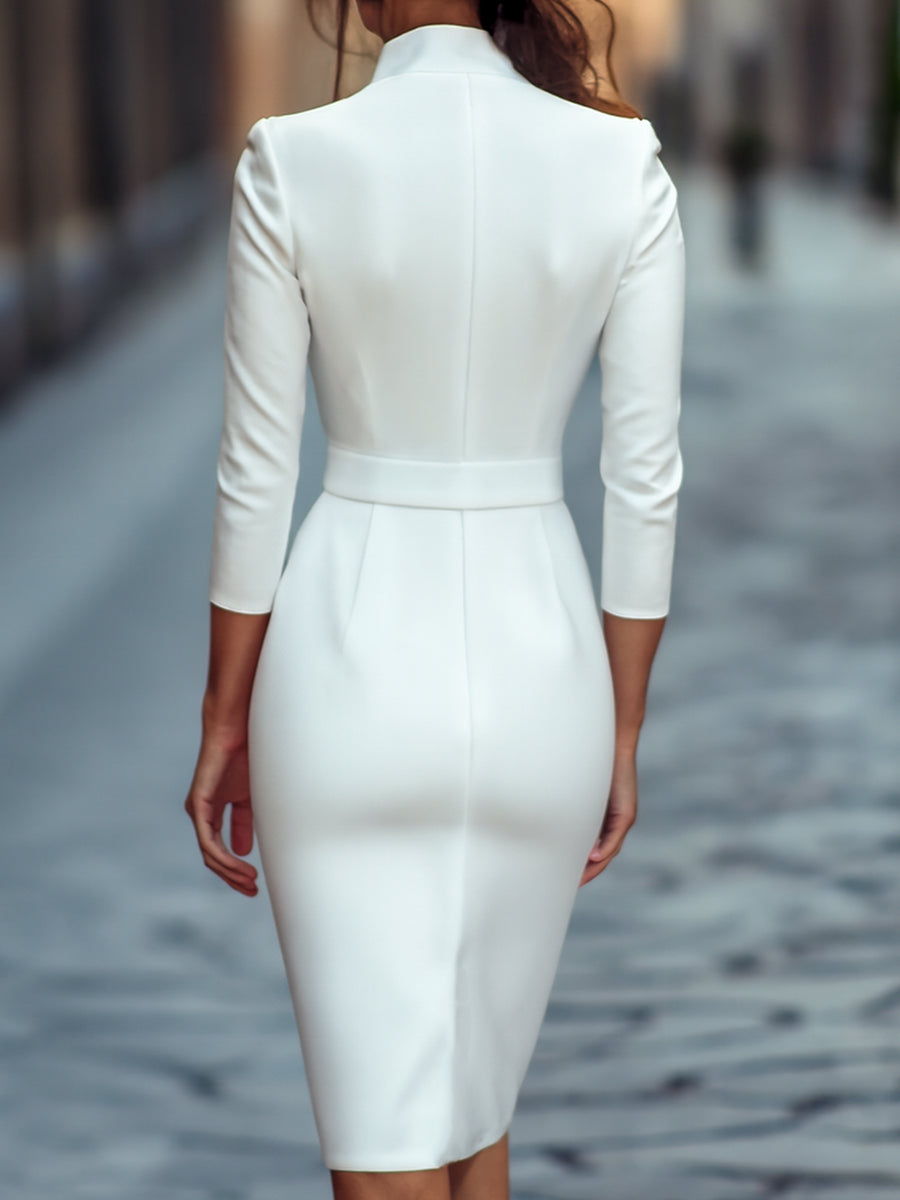 Olivia Bennet | Black Belted Mandarin Collar Structured Crepe Dress