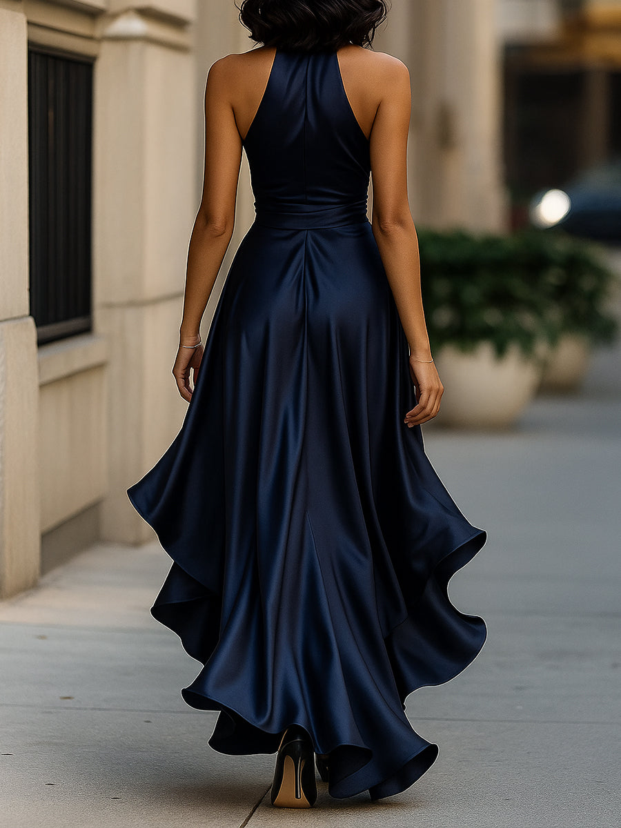 Olivia Bennet | Midnight Elegance Satin Halter Ruffle Gown