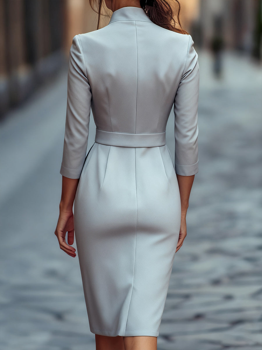 Olivia Bennet | Black Belted Mandarin Collar Structured Crepe Dress