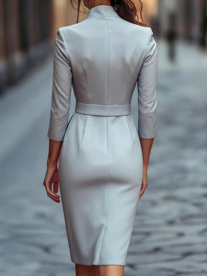 Olivia Bennet | Black Belted Mandarin Collar Structured Crepe Dress