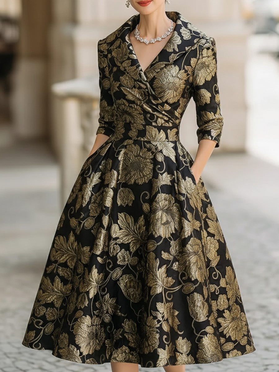Olivia Bennet | Black & Gold Floral Midi Jacquard Dress