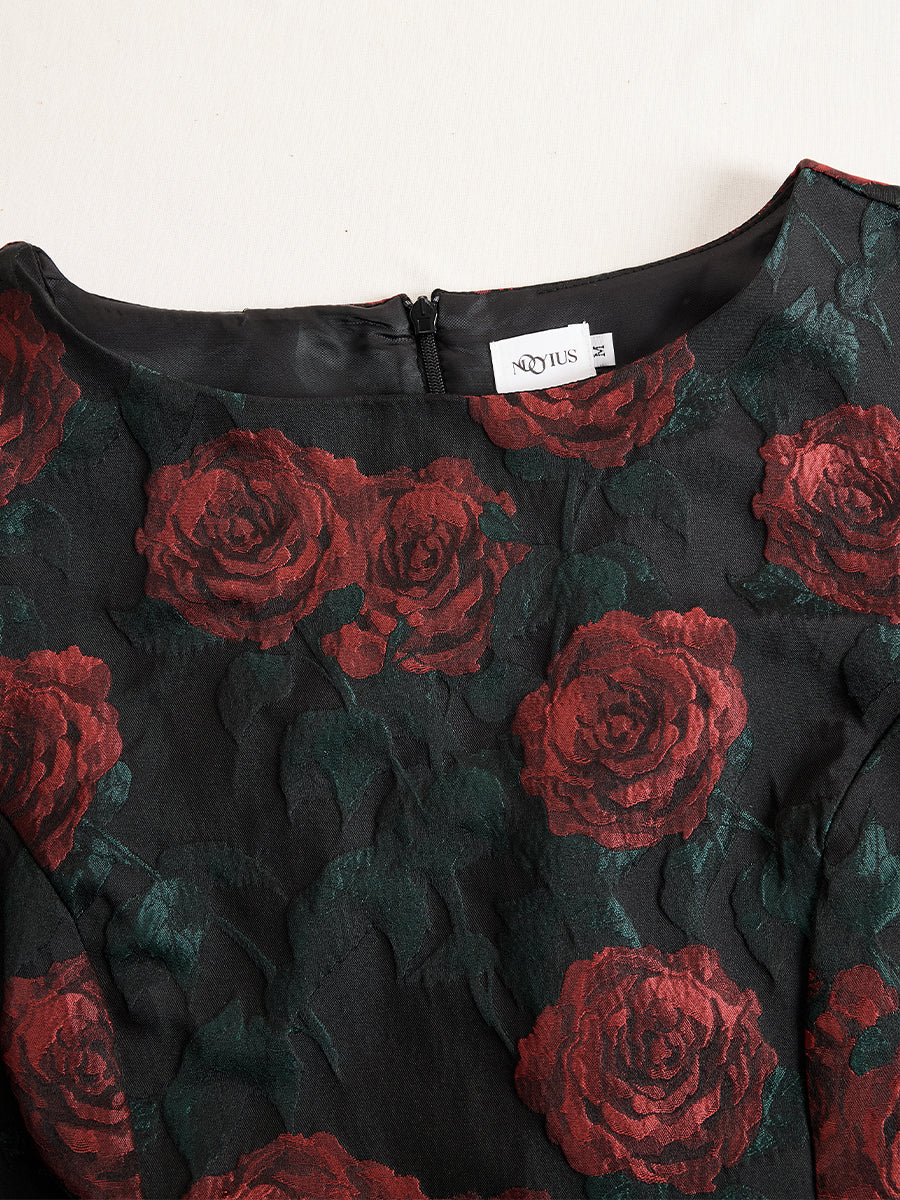 Olivia Bennet | Elegant Jacquard Rose Print Midi Dress