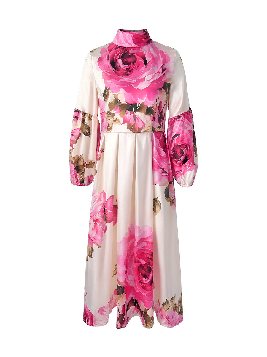 Olivia Bennet | A-Line Long Sleeves Elasticity Flower Print Pleated Mock Neck Maxi Dresses