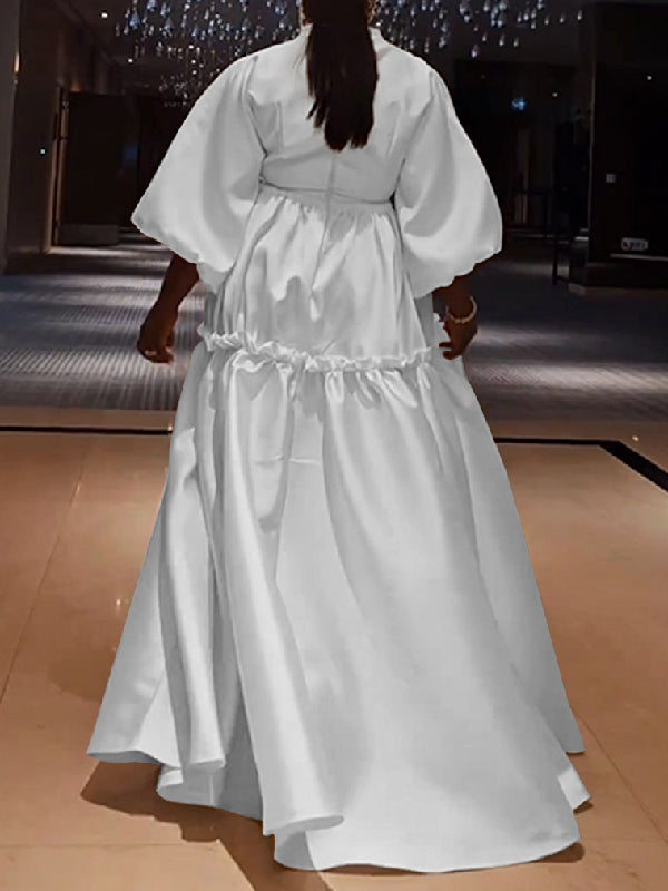 Olivia Bennet | High Waisted Puff Sleeves Falbala Solid Color V-Neck Maxi Dresses
