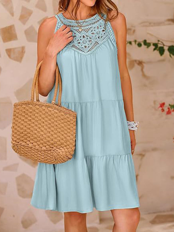 Olivia Bennet | A-Line Loose Hollow Pleated Solid Color Split-Joint Round-Neck Mini Dresses