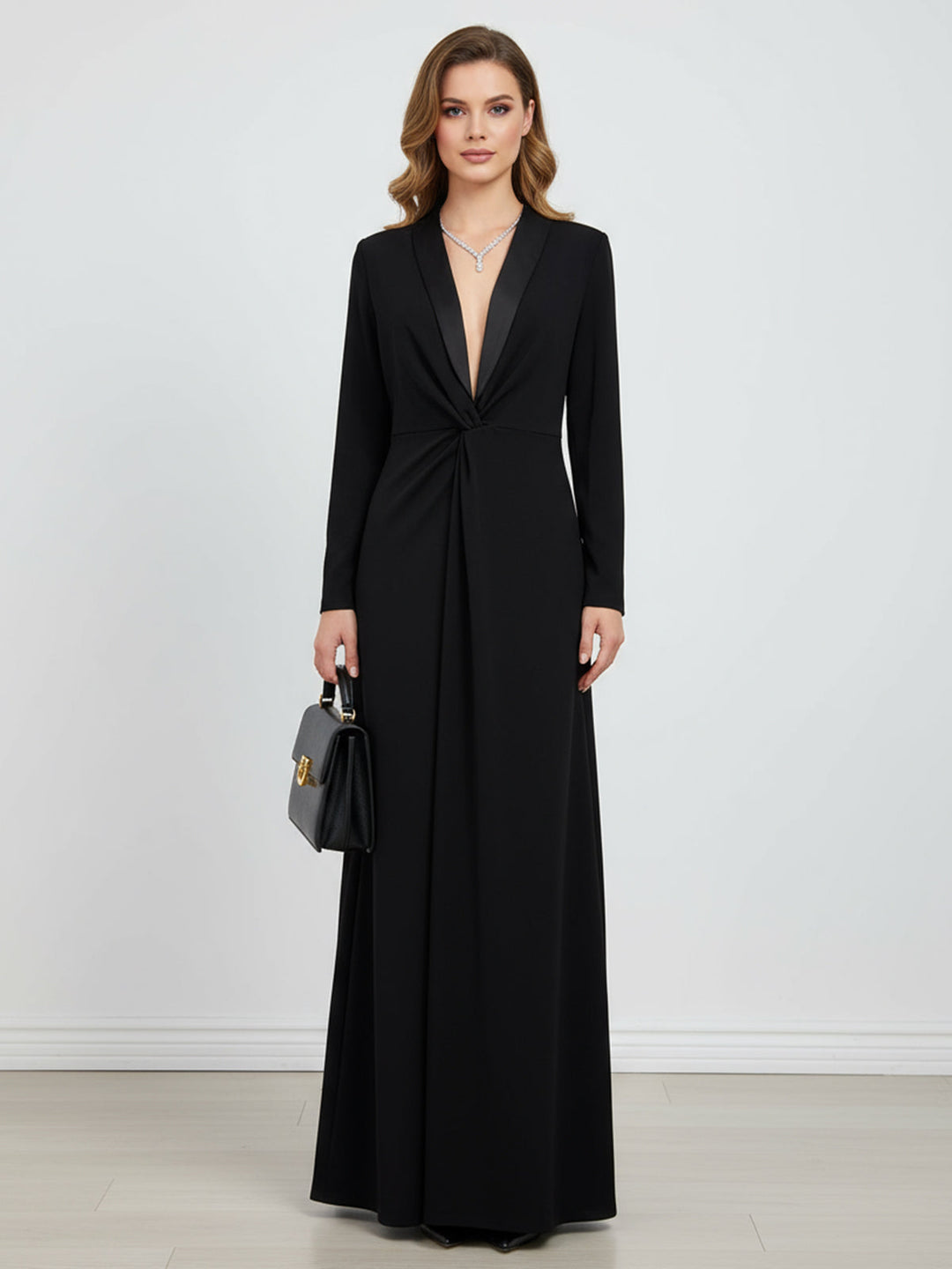Olivia Bennet | Long Sleeves Skinny Solid Color Deep V-Neck Maxi Dresses