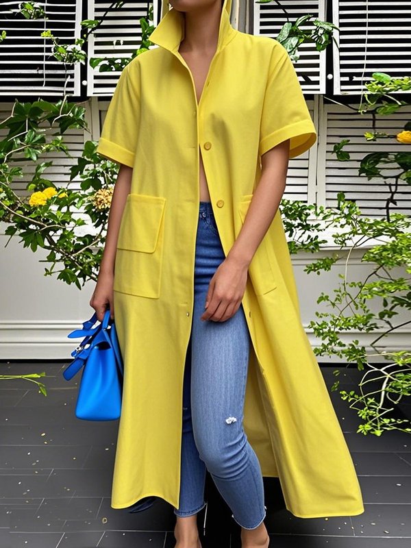 Olivia Bennet | Loose Short Sleeves Buttoned Pockets Solid Color Stand Collar Blouse Outerwear Midi Dress