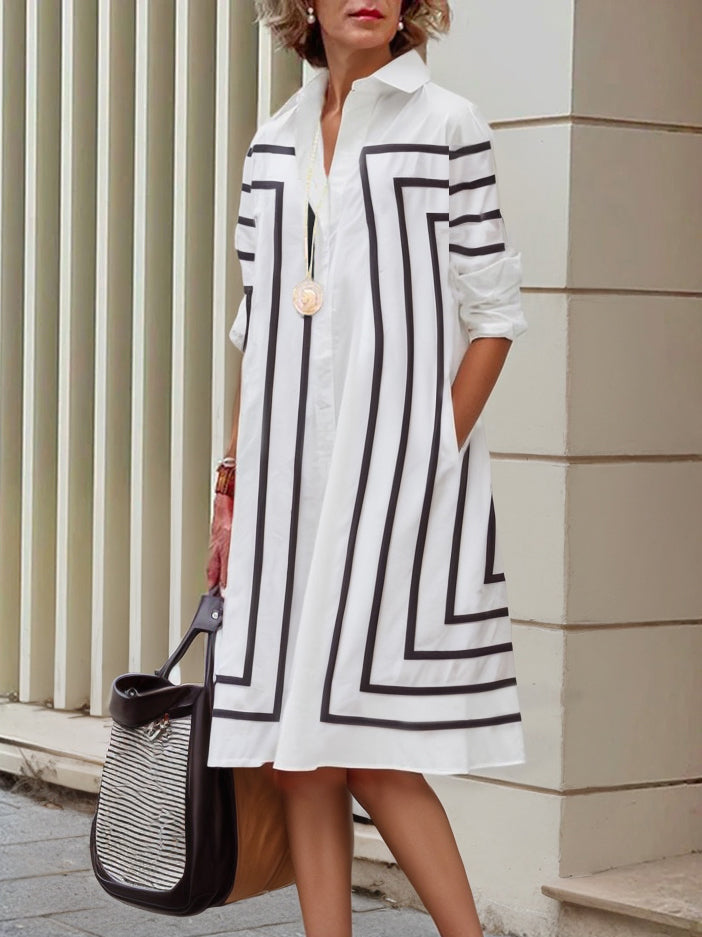 Olivia Bennet | Half Sleeves Loose Buttoned Striped Lapel Midi Dresses Shirt Dress