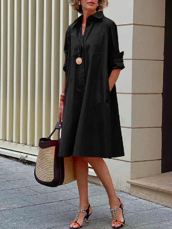 Olivia Bennet | Simple Long Sleeves Solid Color Lapel Midi Dress