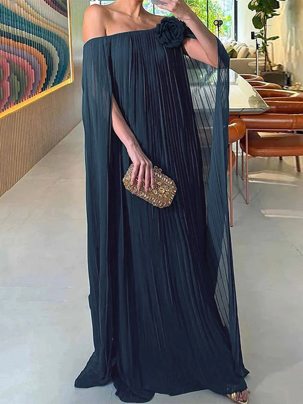 Olivia Bennet | Loose Gauze Pleated Solid Color Tiered Off-The-Shoulder Evening Dresses Maxi Dresses