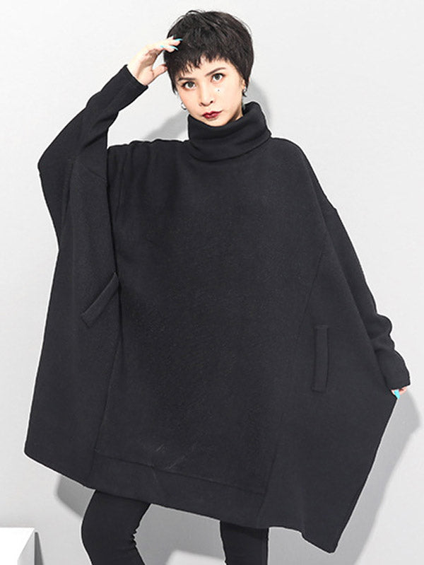 Olivia Bennet | Super Loose Black High-Neck Knitting Batwing Sleeves Sweater Dress