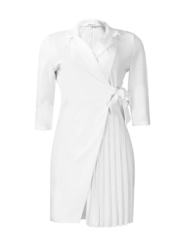 Olivia Bennet | Three-Quarter Sleeves Pleated Solid Color Split-Front Tied Waist V-Neck Mini Dresses