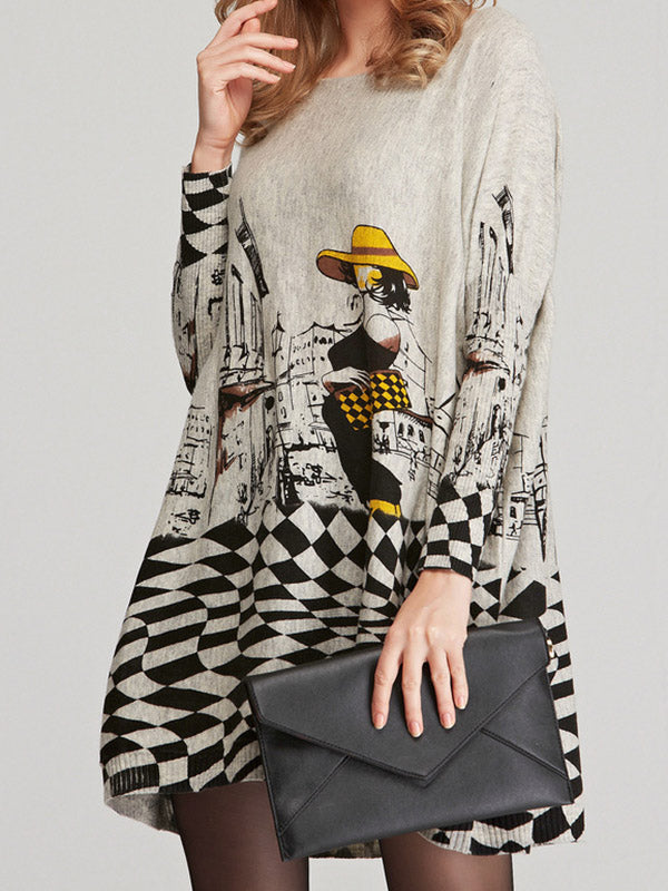 Olivia Bennet | Vintage Loose Printed Split-Joint Sweater