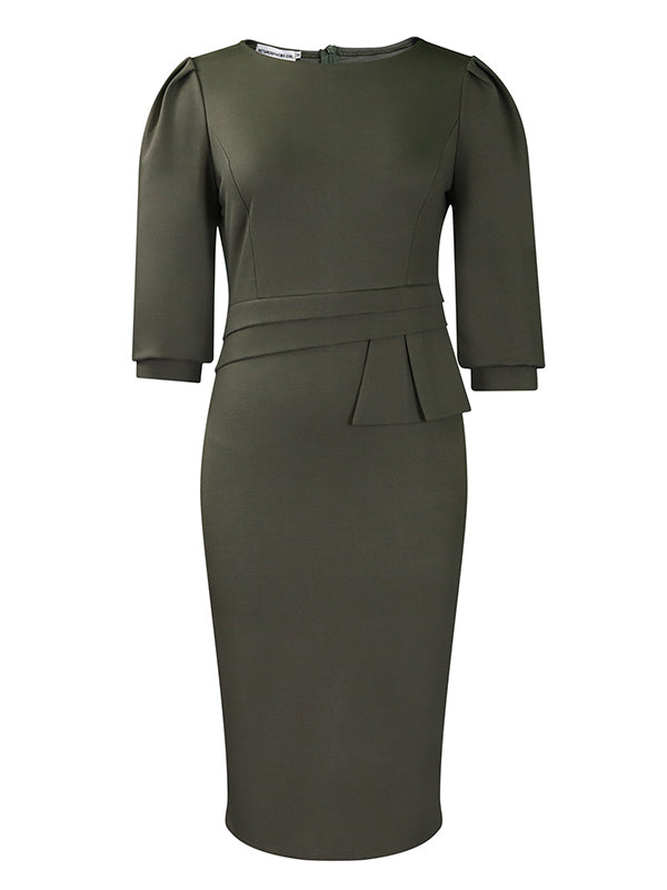 Olivia Bennet | Bodycon Half Sleeves Pleated Solid Color Split-Back Split-Joint Zipper Round-Neck Midi Dresses