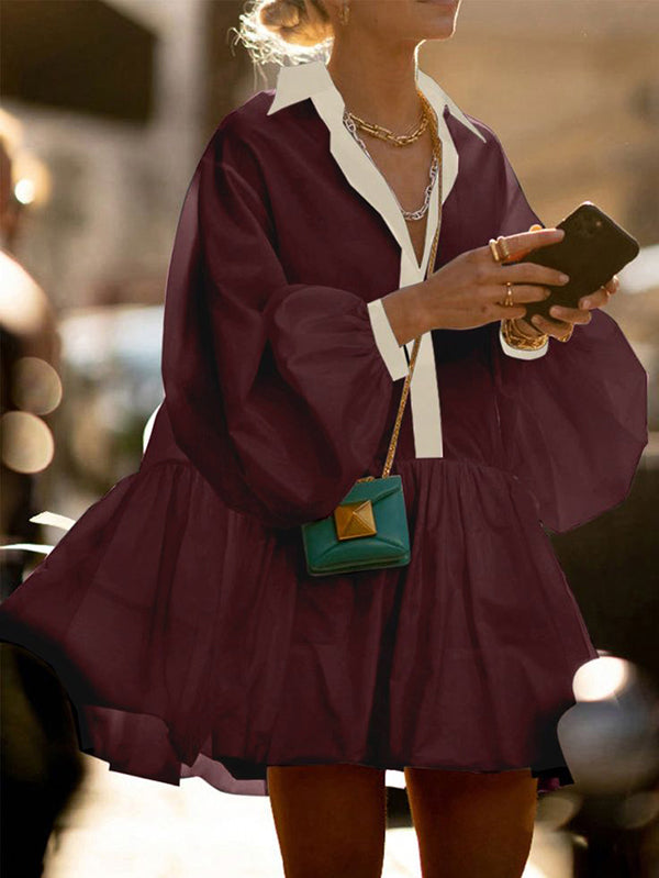 Olivia Bennet | A-Line Long Sleeves Buttoned Contrast Color Pleated Lapel Mini Dresses Shirt Dress