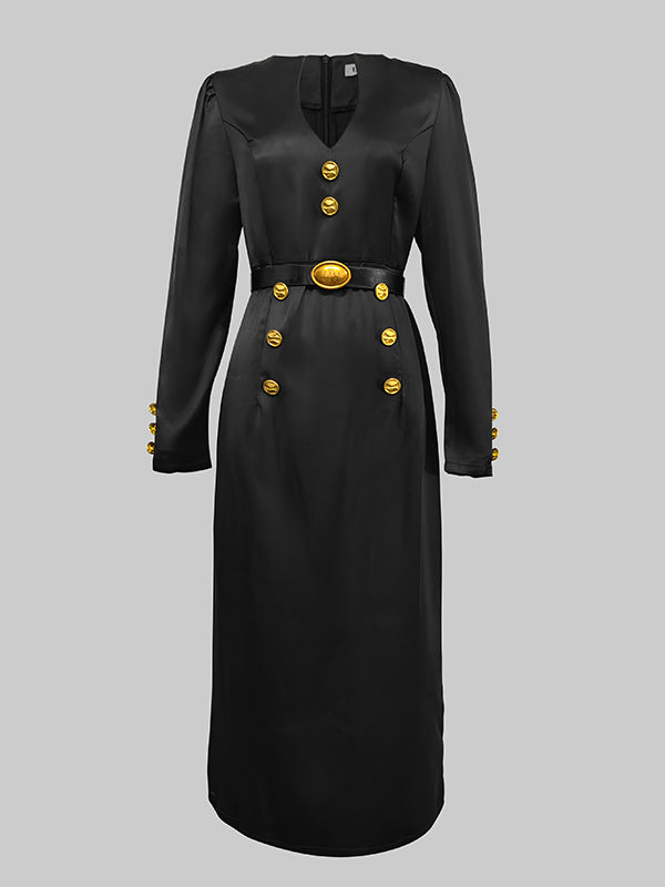 Olivia Bennet | Long Sleeves Puff Sleeves Buttoned Solid Color Deep V-Neck Midi Dresses