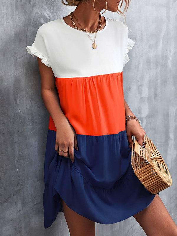 Olivia Bennet | Loose Ruffle Sleeves Contrast Color Falbala Pleated Split-Joint Round-Neck Mini Dresses