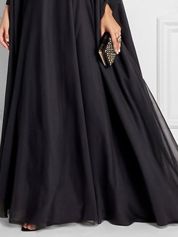 Olivia Bennet | Batwing Sleeves Loose Jacquard See-Through Solid Color Split-Joint Three-Dimensional Flower Round-Neck Maxi Dresses