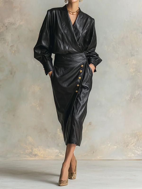 Olivia Bennet | Long Sleeves Puff Sleeves Buttoned Pleated Solid Color V-Neck Midi Dresses
