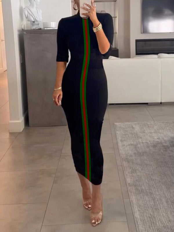 Olivia Bennet | Bodycon Half Sleeves Contrast Color Striped Stand Collar Midi Dresses