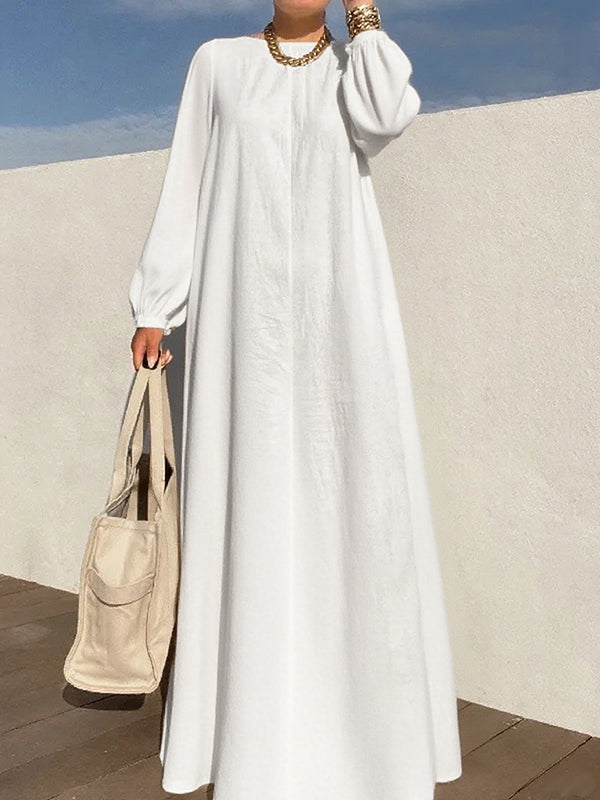 Olivia Bennet | Long Sleeves Loose Pleated Solid Color Zipper Round-Neck Maxi Dresses