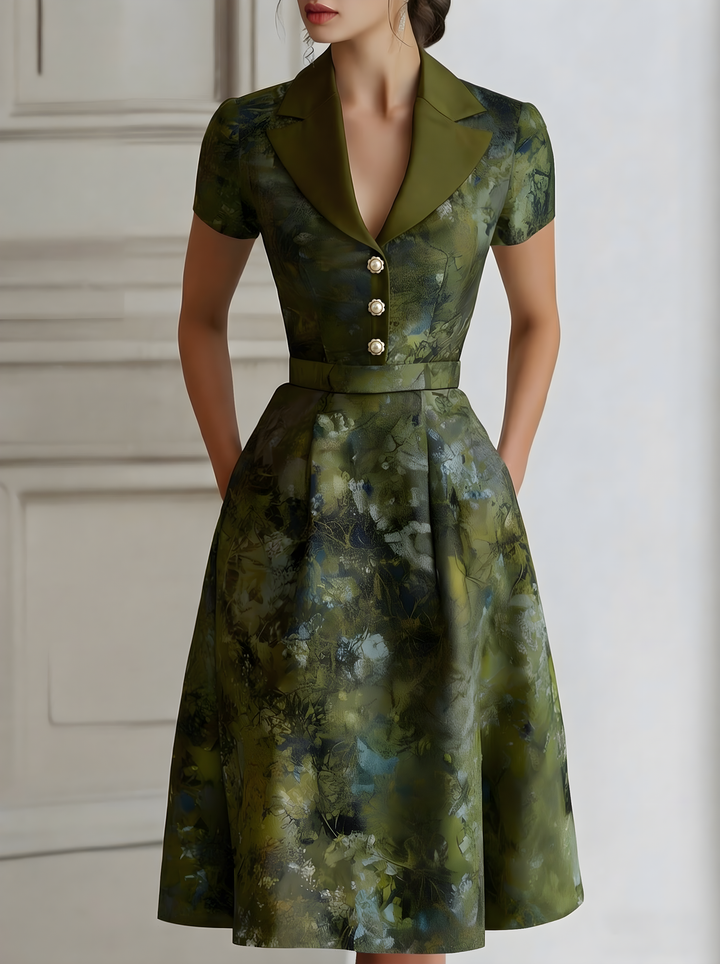 Olivia Bennet | Floral Lapel Short Sleeve Midi Dress With Tailored Waist