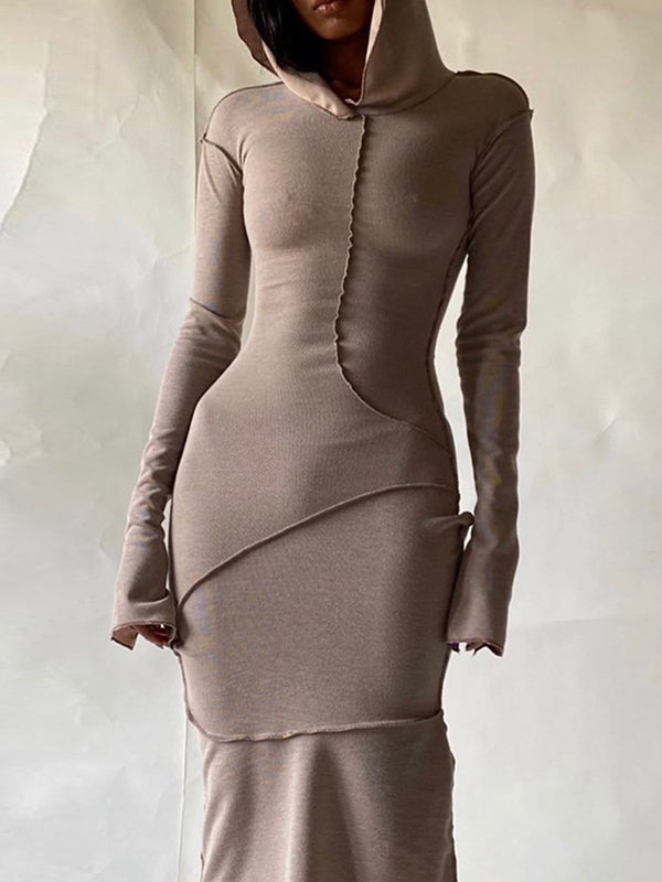 Olivia Bennet | Long Sleeves Plus Size Solid Color Split-Joint Hooded Maxi Dresses
