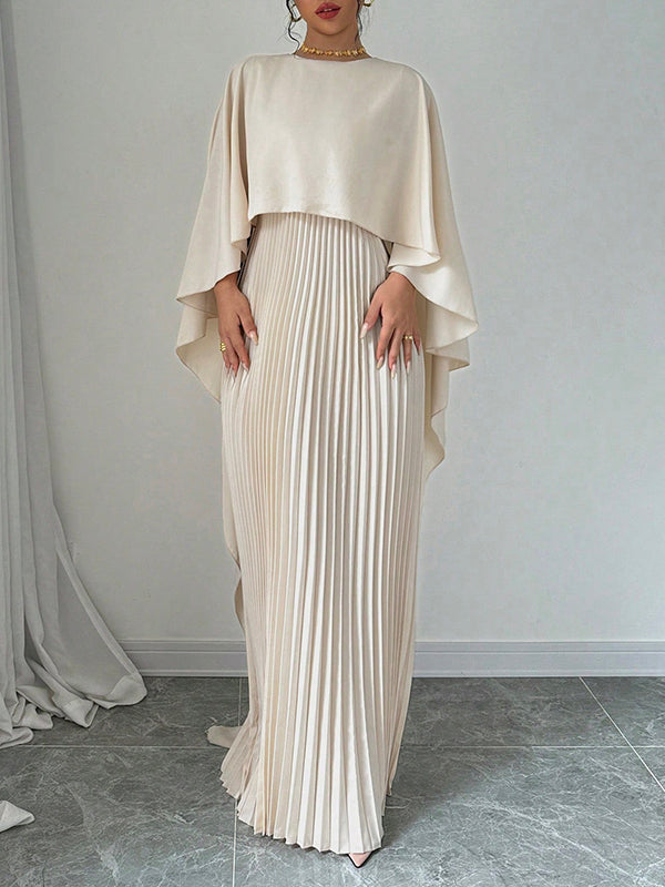 Olivia Bennet | Cape High-Low Pleated Solid Color Split-Joint Round-Neck Evening Dresses Maxi Dresses