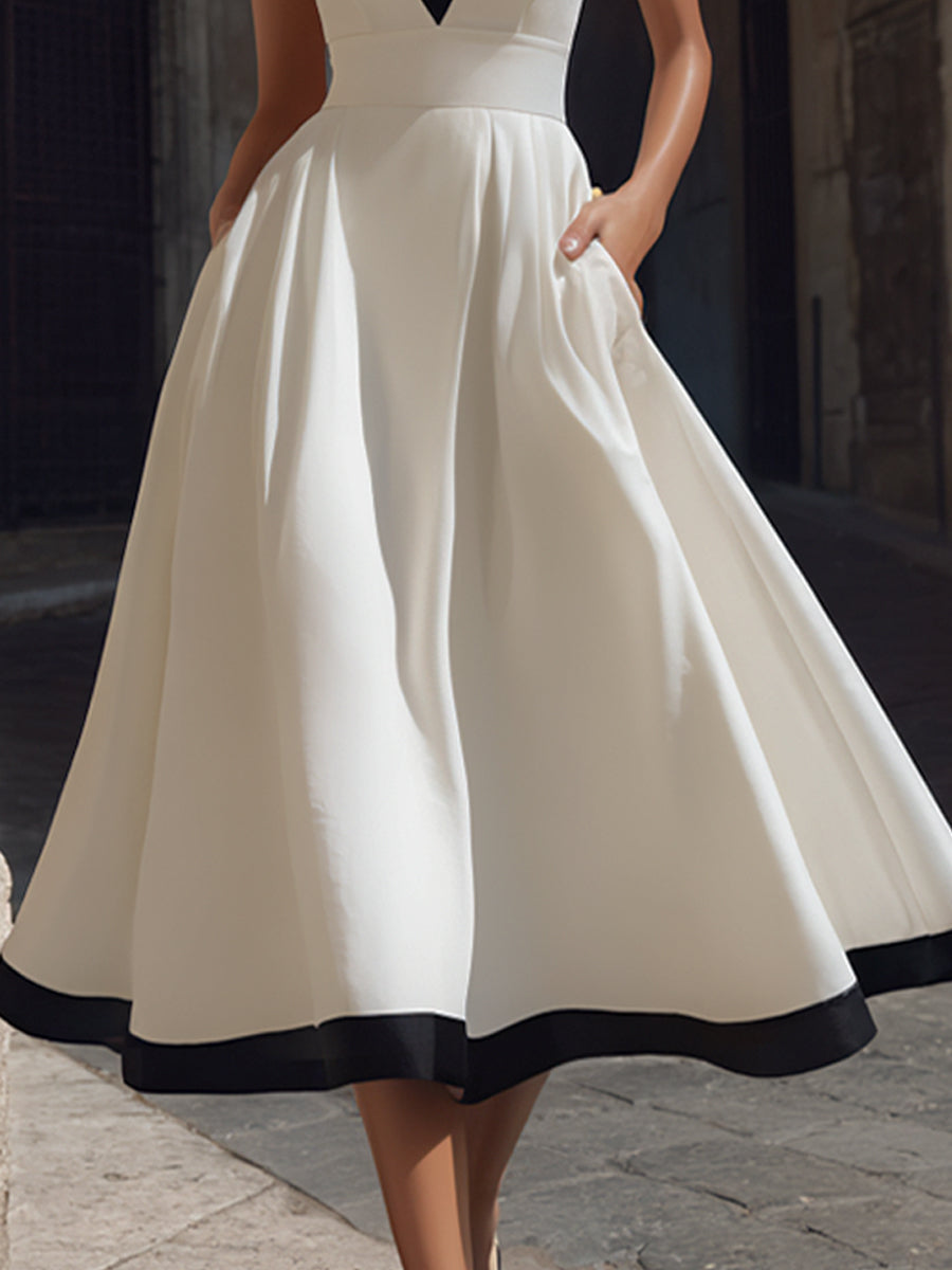 Olivia Bennet | Elegant V-Neck A-Line Midi Dress With Contrast Trim And Pockets