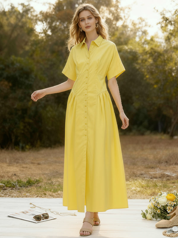 Olivia Bennet | Loose Short Sleeves Buttoned Pleated Solid Color Lapel Collar Midi Dresses Shirt Dress