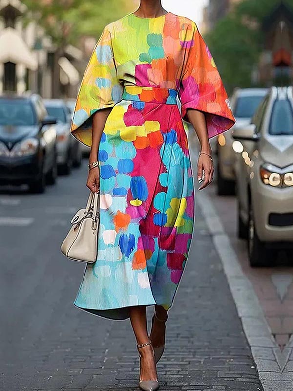 Olivia Bennet | Loose Asymmetric Split-Joint Tied Waist Round-Neck Midi Dresses