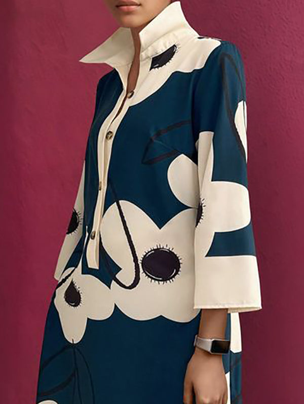 Olivia Bennet | A-Line Loose Buttoned Flower Print Stand Collar Mini Dresses