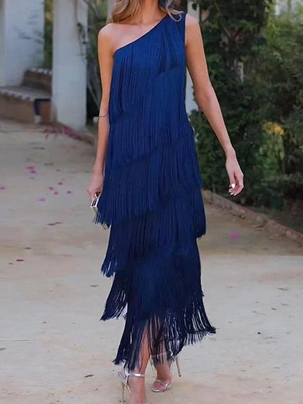 Olivia Bennet | Loose Sleeveless Asymmetric Solid Color Split-Joint Tasseled One-Shoulder Maxi Dresses