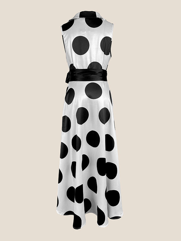 Olivia Bennet | A-Line Sleeveless Polka-Dot Split-Joint Tied Waist Lapel Maxi Dresses Shirt Dress