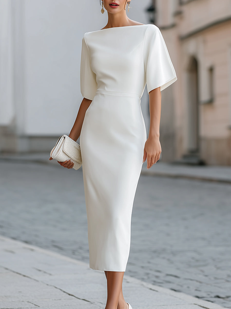Olivia Bennet | Boat Neck Short Sleeve Tailored Midi Dress