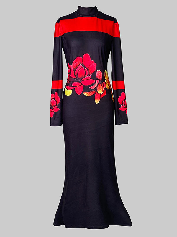 Olivia Bennet | Bodycon Long Sleeves Flower Print High Neck Midi Dresses