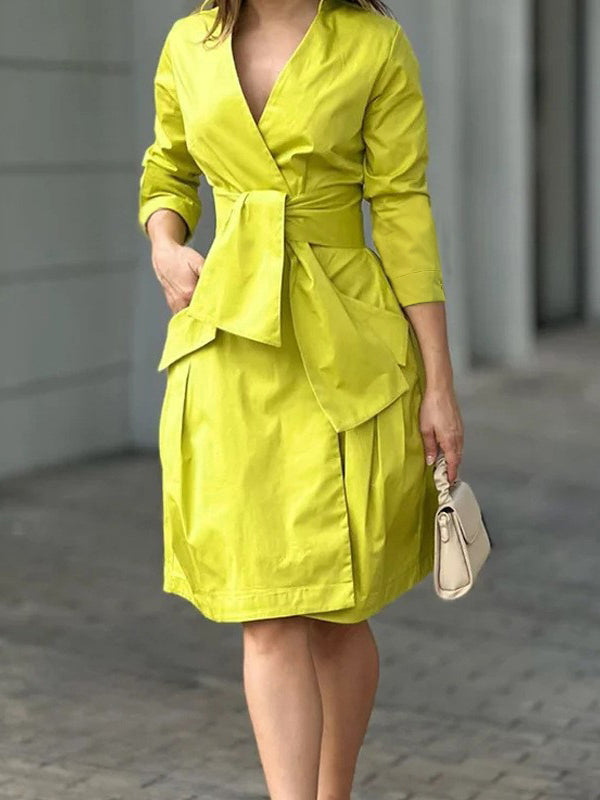 Olivia Bennet | Long Sleeves Solid Color Tied Waist Deep V-Neck Mini Dresses