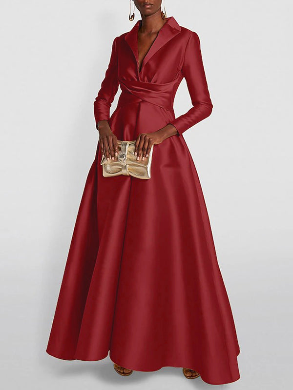 Olivia Bennet | A-Line High Waisted Pleated Solid Color V-Neck Maxi Dresses