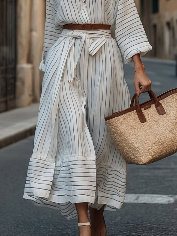 Olivia Bennet | Long Sleeves Loose Belted Buttoned Striped Notched Collar Midi Dresses Shirt Dress
