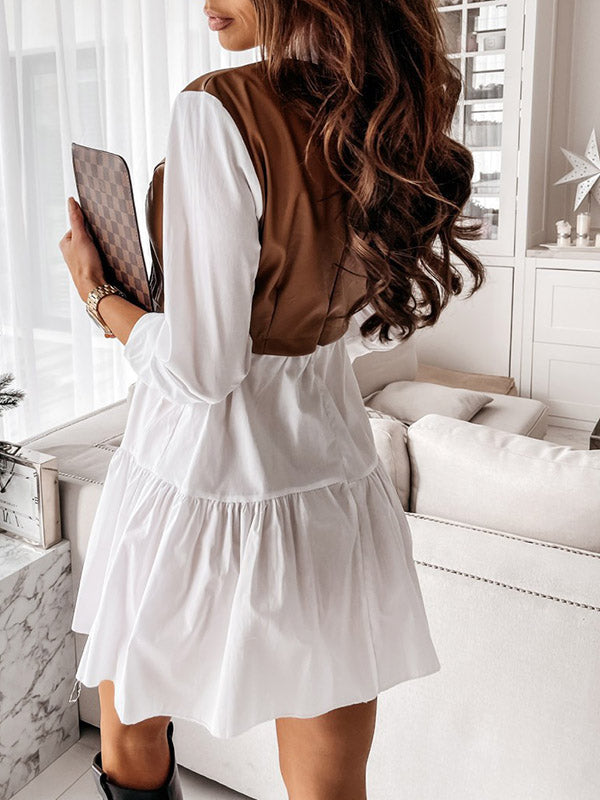 Olivia Bennet | Long Sleeves Loose Contrast Color Pleated Split-Joint Lapel Mini Dresses