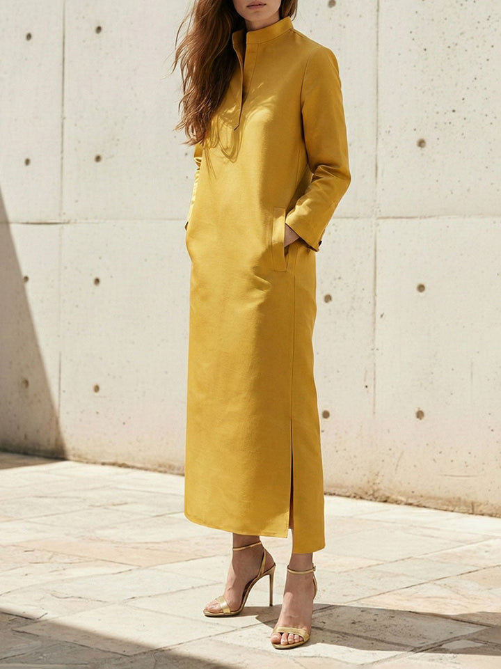 Olivia Bennet | Long Sleeves Loose Solid Color Split-Side Stand Collar Midi Dresses