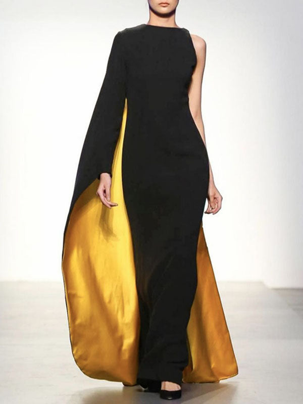 Olivia Bennet | Irregularity Asymmetric Contrast Color Round-Neck Maxi Dresses