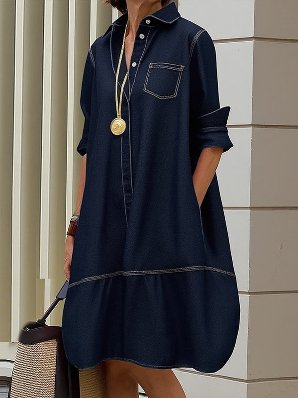 Olivia Bennet | Long Sleeves Loose Buttoned Pockets Solid Color Lapel Midi Dresses