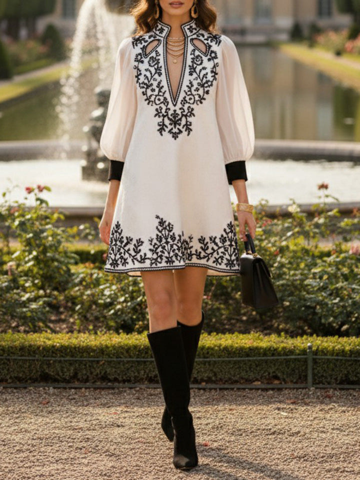 Olivia Bennet | A-Line Long Sleeves Contrast Color Flower Print Hollow Split-Joint Stand Collar Mini Dresses