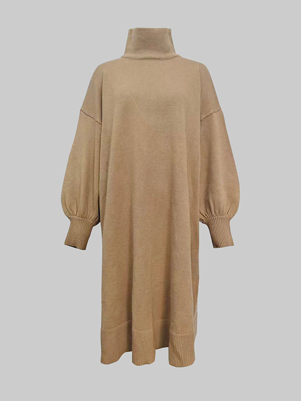 Olivia Bennet | Long Sleeves Loose Solid Color High Neck Midi Dresses Sweater Dresses